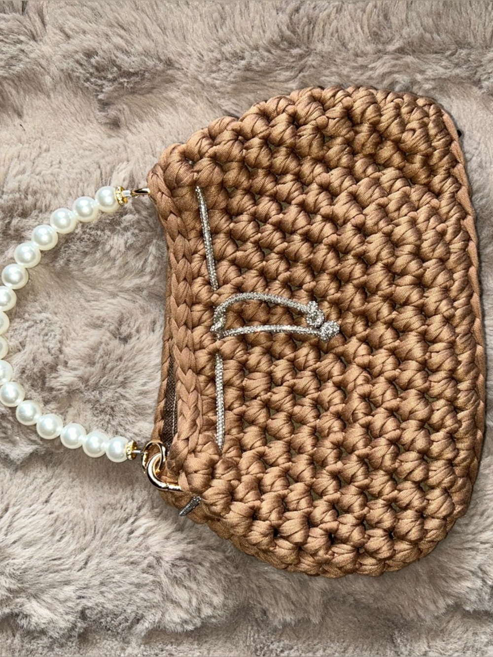 Cute + Classy Mini Woven‑Style Clutch w/ Pearl Handle. Neutral Tan - Gently Used